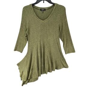 Comfy USA Tunic Top Womens Size M Olive Green Asymmetric Stretch Knit Lagenlook